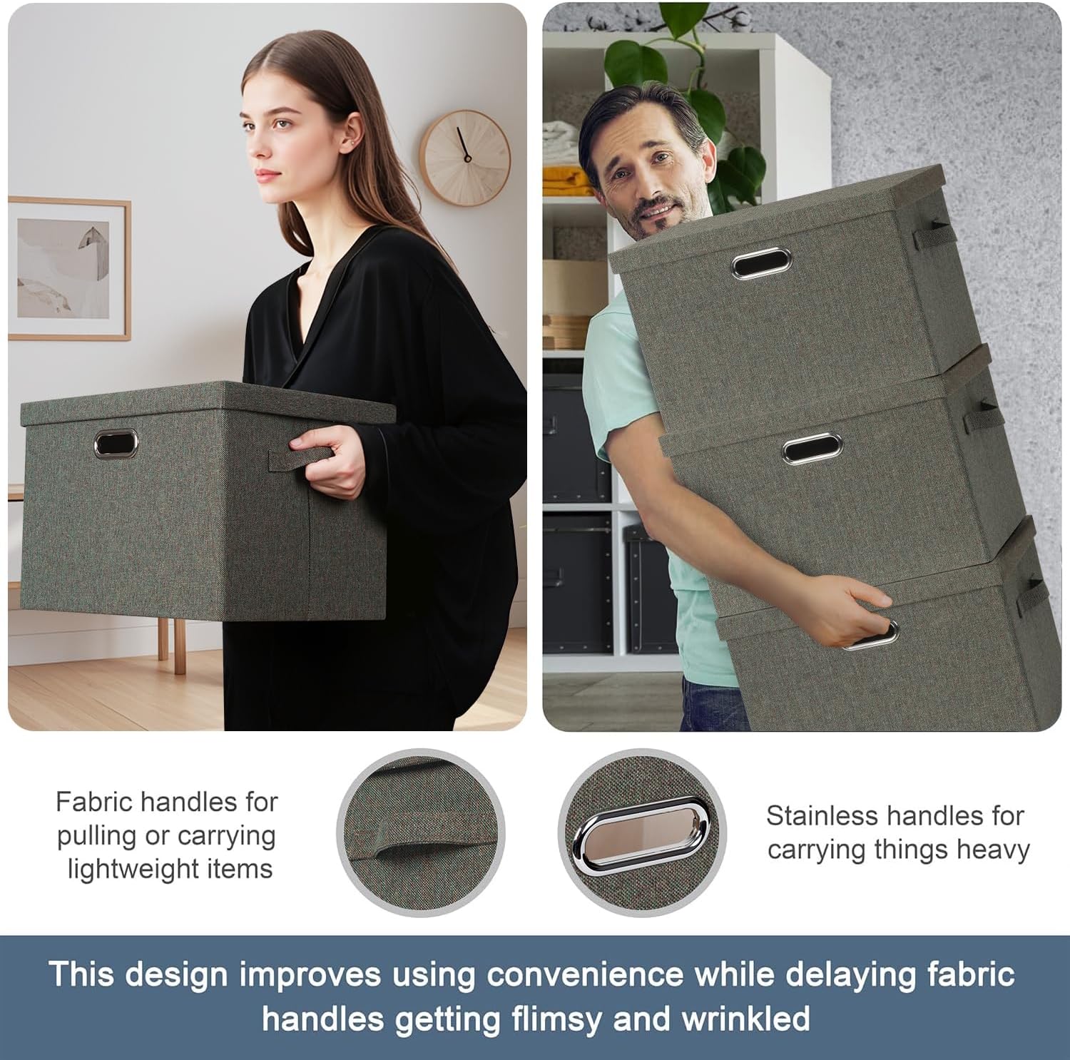 Large 17" 36 Quart Collapsible Stackable Storage Bins with Lids, 3 Packs Dark green Foldable Fabric Closet Storage Boxes with Lids, Heavy-duty Linen Cube Baskets(17x12x11)