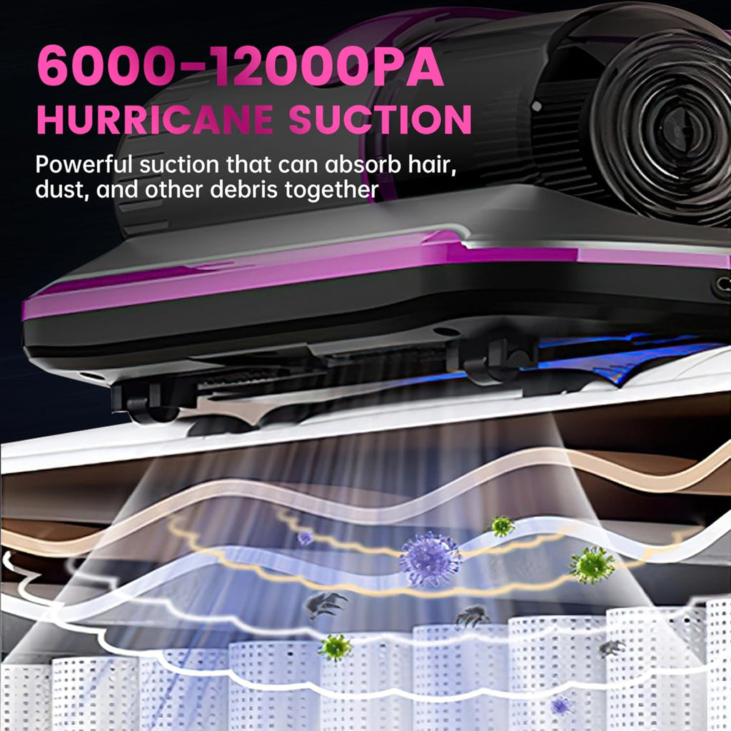 PATO Mattress Vacuum Cleaner, Wireless Handheld Bed Vacuum Cleaner With UV-C Light, HEPA Filter and Ultrasonic Vibration, 12KPa, Suitable for Beds, Sofas, Car Seats, Carpets (Purple;)