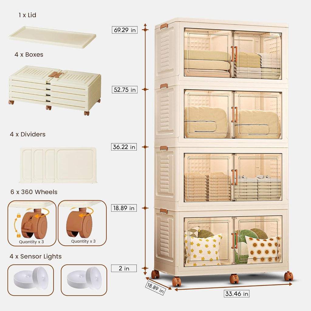 752QT/188Gal 4 Layers Stackable Storage Bins with Lid & Doors - Sensor Lights in Cabinets, Large Collapsible Container Box with 6 Wheels, Plastic Foldable Organizer for Home