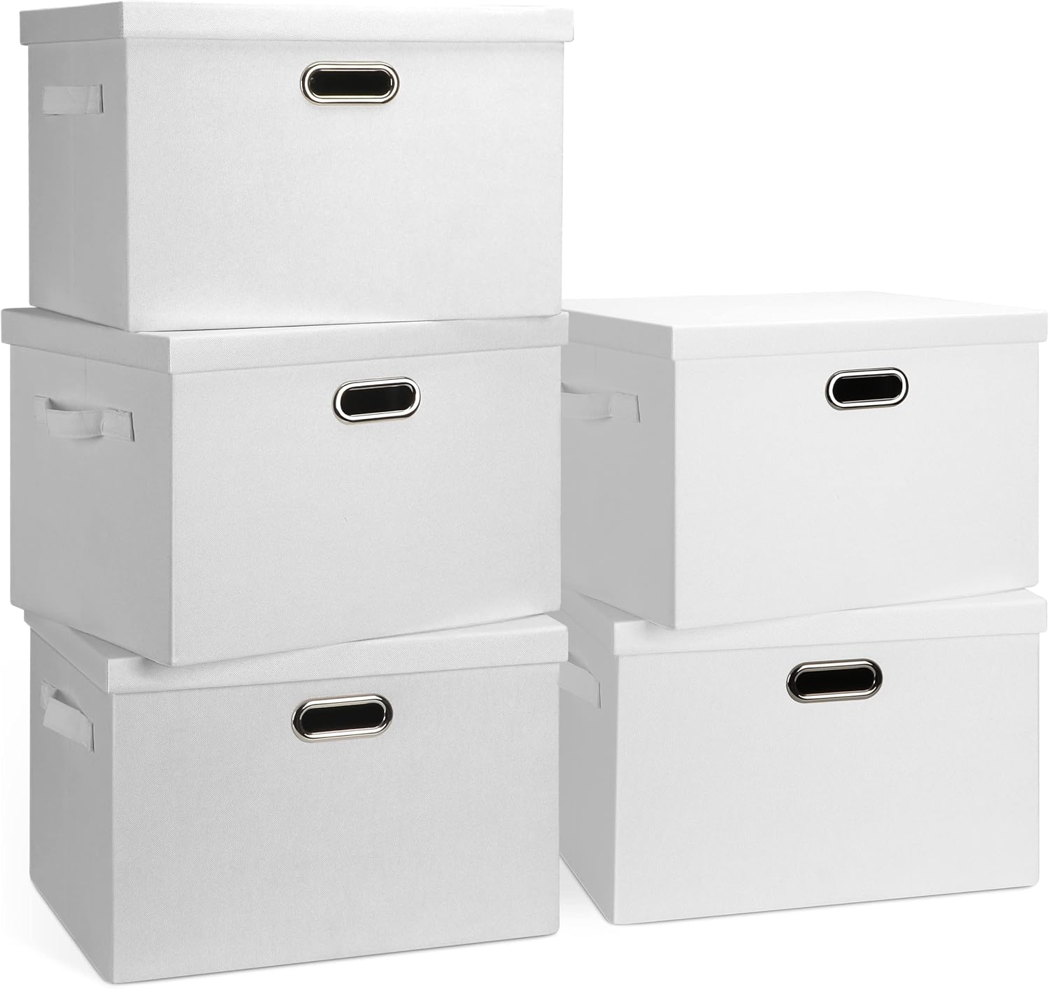 Large 17" 36 Quart Collapsible Stackable Storage Bins with Lids, 5 Packs White Linen Fabric Closet Boxes with Lids, Storage Cube Baskets Container Organizers for Bedroom Office(17 x12 x11)