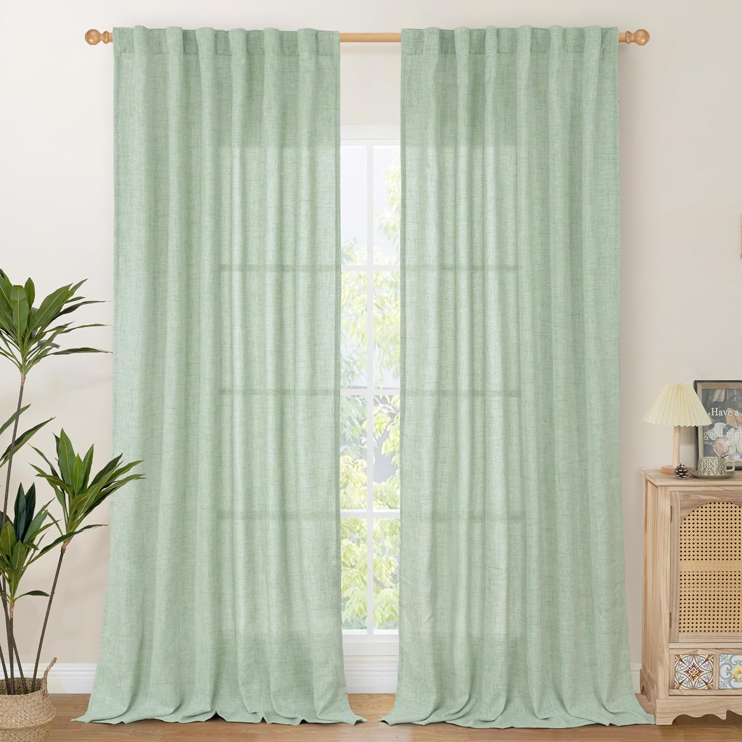 YoungsTex Light Green Linen Semi Sheer Curtains 84 Inch Length 2 Panels for Living Room, Sage Boho Light Filtering Drapes with Back Tab Rod Pocket Window Treatments for Dining Bedroom, 52 X 84 Inch