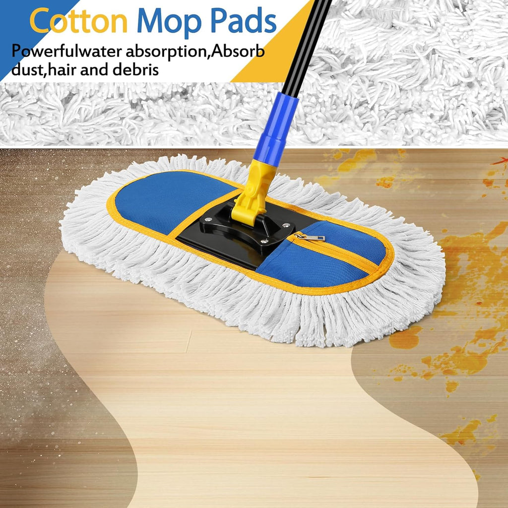 16 Inch Commercial Dust Mop for Floor Cleaning - Industrial Wet Dry Broom with 2 Washable Mops Pads for Hardwood Vinyl Laminate Floors Warehouse Courtyard Cleaning,Blue