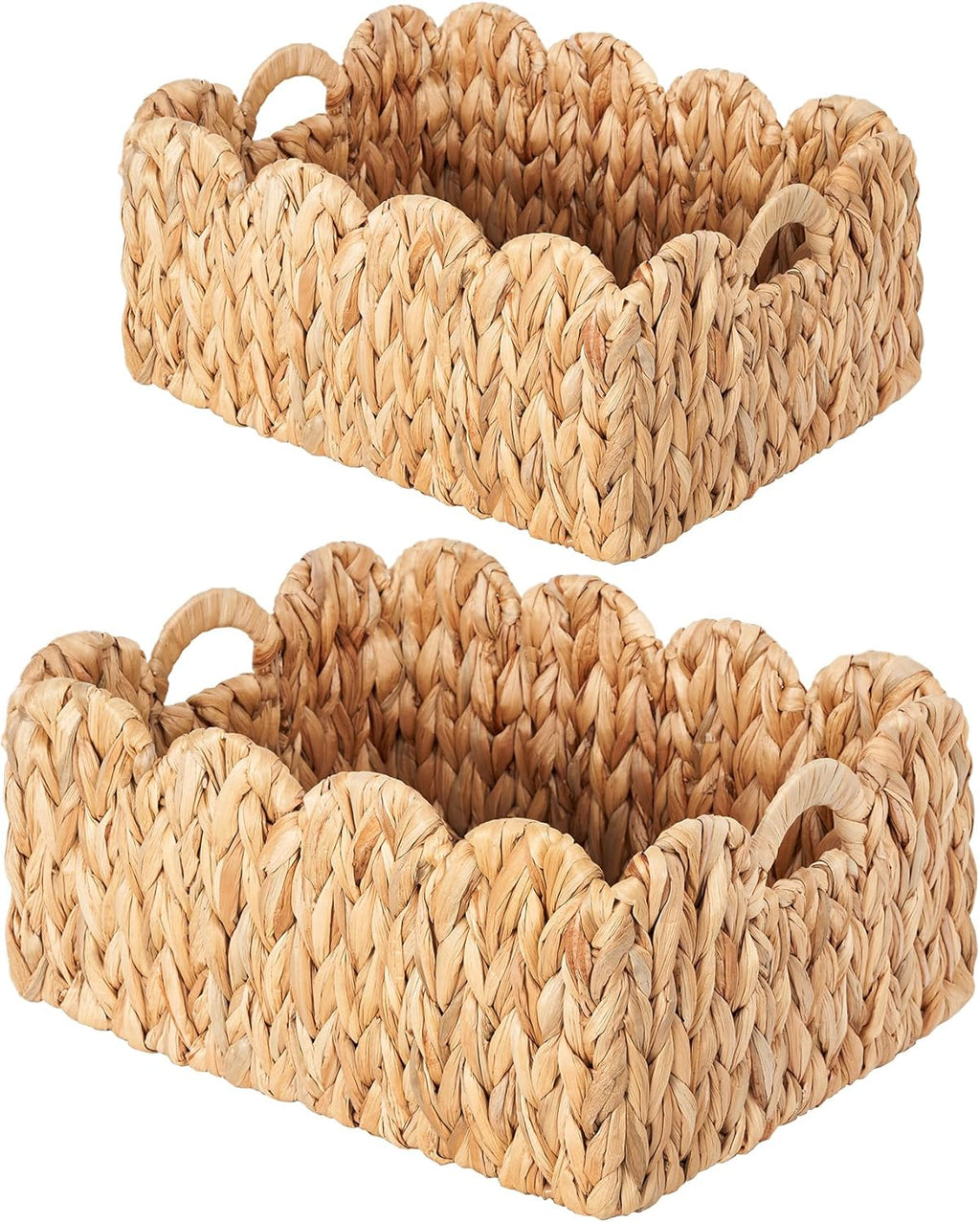 Scalloped Basket Wicker & Rattan Storage Basket with Built-in Handles, Large Woven Water Hyacinth for Nursery & Bathroom Organization 2 Pack