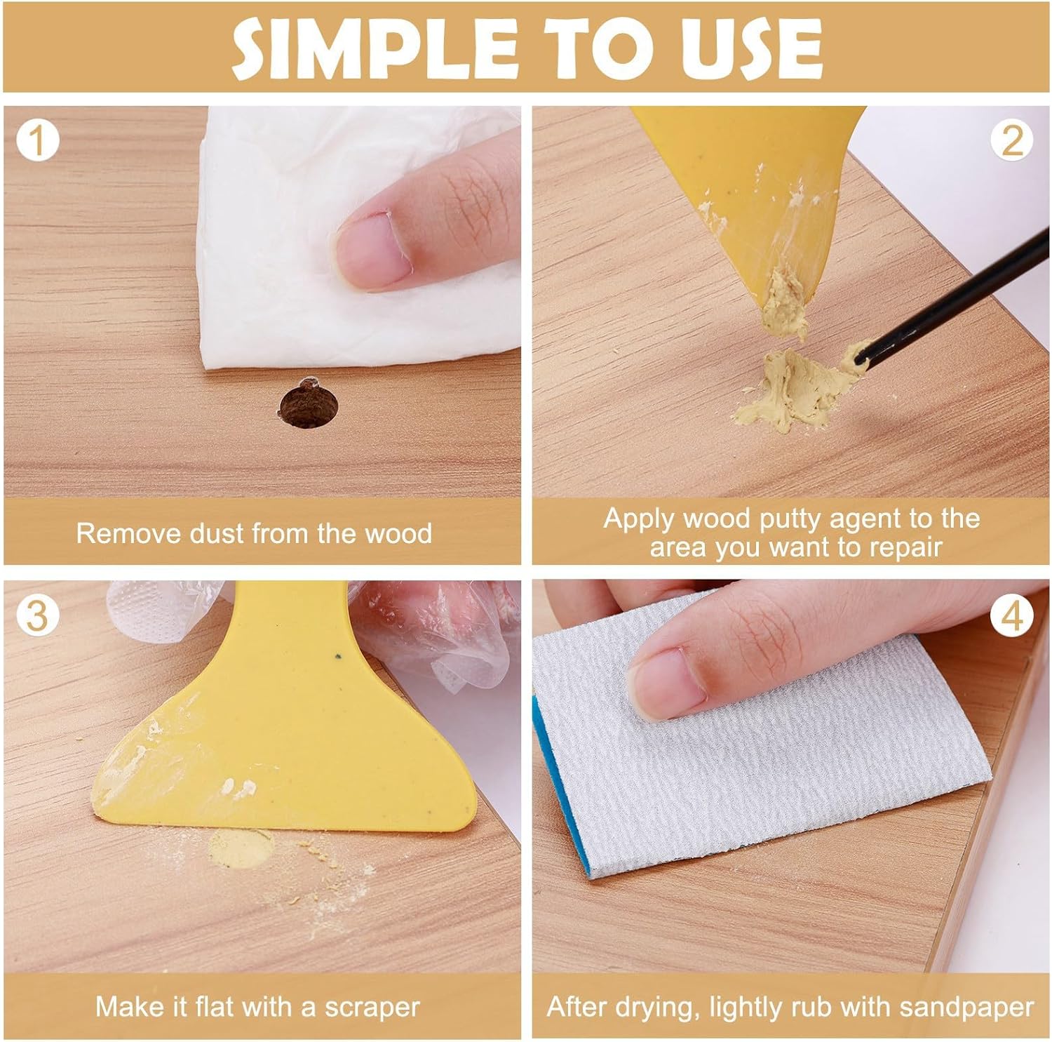 SEISSO Wood Filler, Natural Wood Putty for Trim, Wood Filler Paintable, Stainable, Water-Based Wood Putty Filler Outdoor, Wood Repair Kit - Restore Wooden Table, Cabinet, Floors, Door