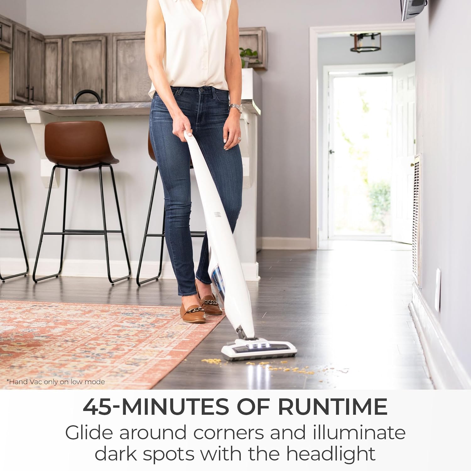 Kenmore DS1030 Cordless Stick Vacuum Lightweight Cleaner 2-Speed Power Suction LED Headlight 2-in-1 Handheld for Hardwood Floor, Carpet & Pet Hair, White