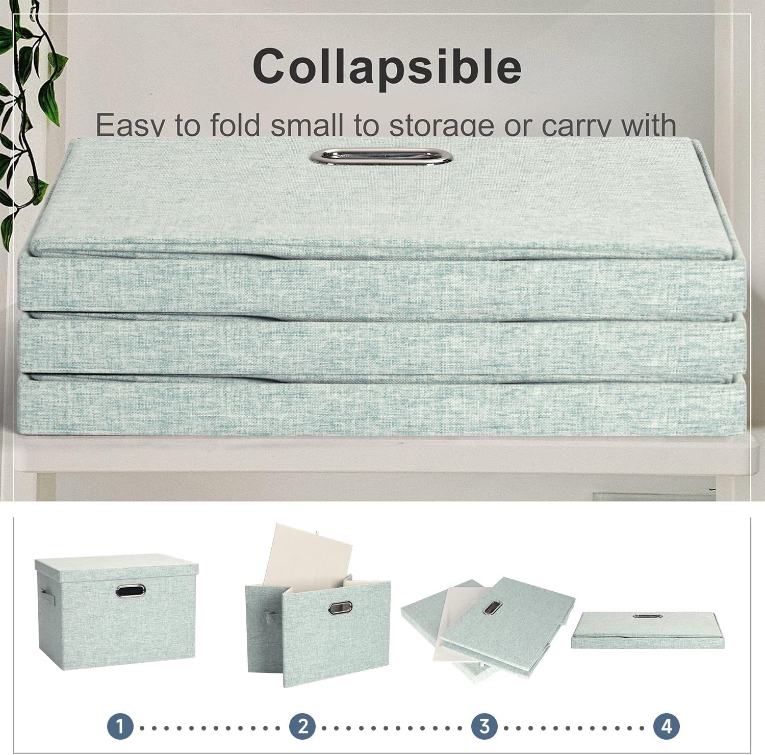 Large 17" 36 Quart Collapsible Stackable Storage Bins with Lids, 3 Packs Light Green Linen Fabric Closet Boxes with Lids, Storage Cube Baskets Container Organizers for Office (17x12x11)