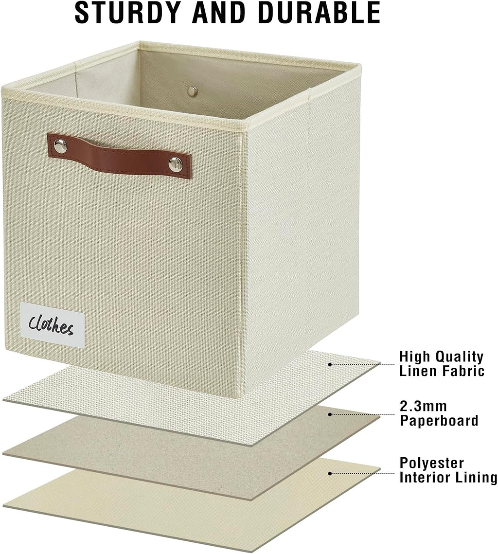 Collapsible Fabric Storage Cube Bins with 2 Reinforced PU Handles, Foldable Storage Organizer Baskets for Closet, Shelves, Living Room | 11"x11"x11", 4 Pack, Full Beige