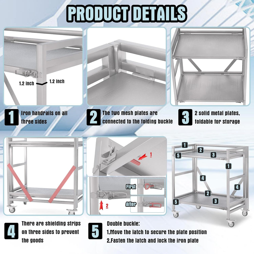 2 Shelf Rolling Cart with Wheels, 660lbs Capacity Collapsible Steel Rolling Utility Cart, Heavy-Duty Foldable Workbench, Metal Rolling Storage Cart with Handle for Groceries, Warehouse (36" Lx26 W)
