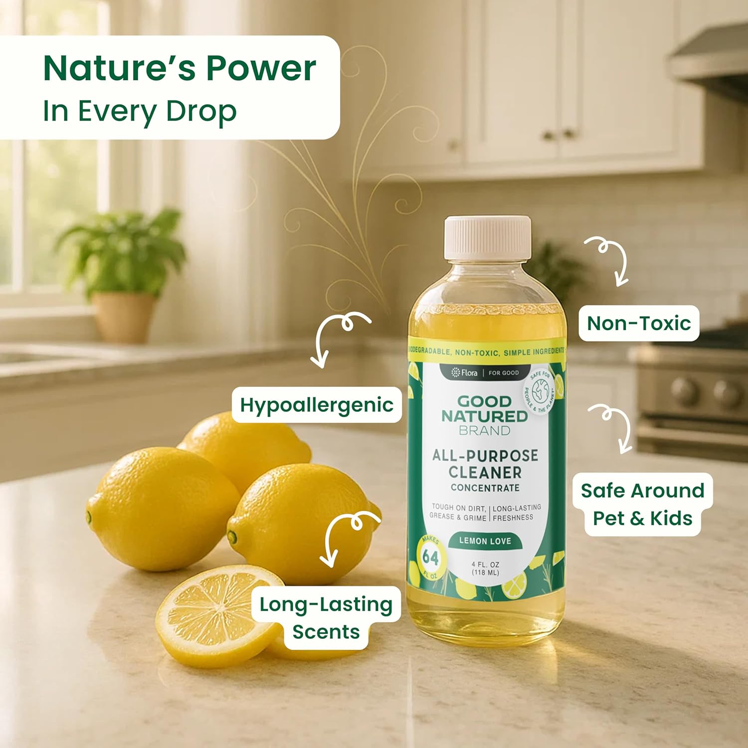 Good Natured Brand All-Purpose Cleaner Concentrate | Multi-Surface Cleaner | Natural Lemon Essential Oil | Multipurpose Cleaner Concentrate All Surfaces | Lemon Love | 4oz makes 64oz