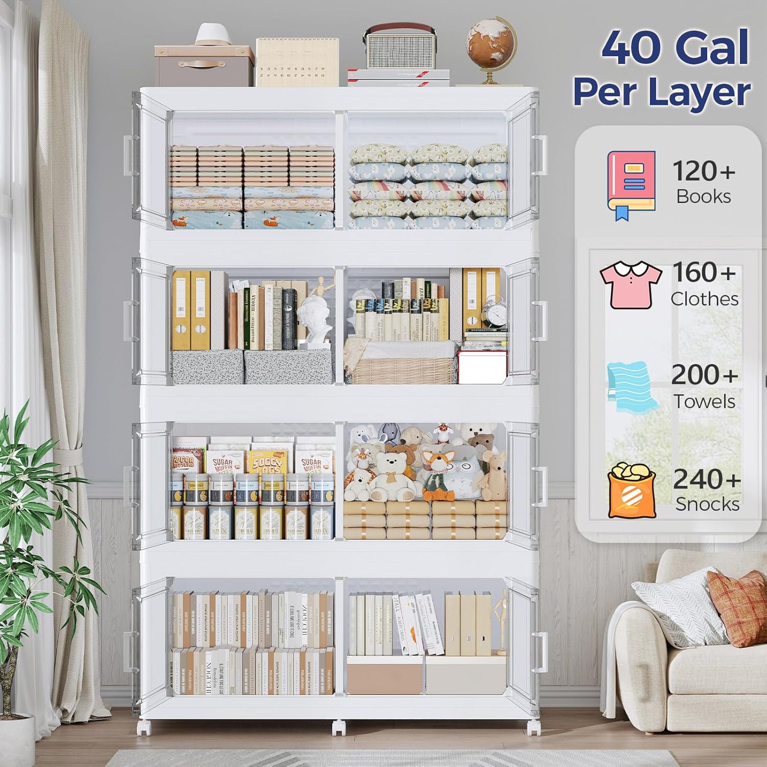 120GAL Extra Large Storage Bins with Lid, 480Qt Stackable Closet Organizers and Drawers, Collapsible Storage Bins with Wheels, Folding Storages Cabinet for Home Bedroom Office, 3Pack White