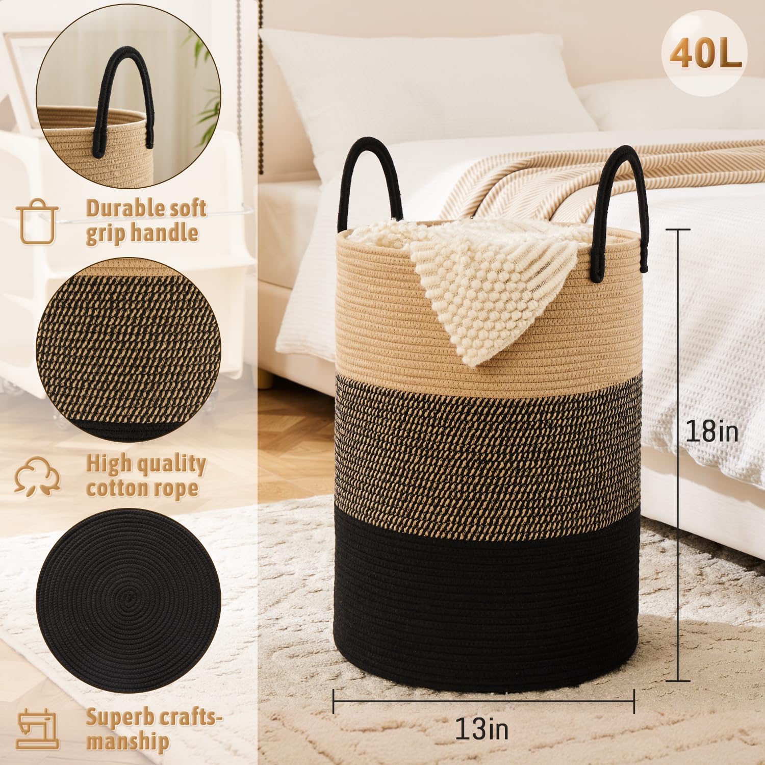 Laundry Basket,Woven Cotton Rope Laundry Hamper,40L for Decorative Storage of Dirty Clothes,Toys and Blankets in Bathroom,Bedroom and Living Room
