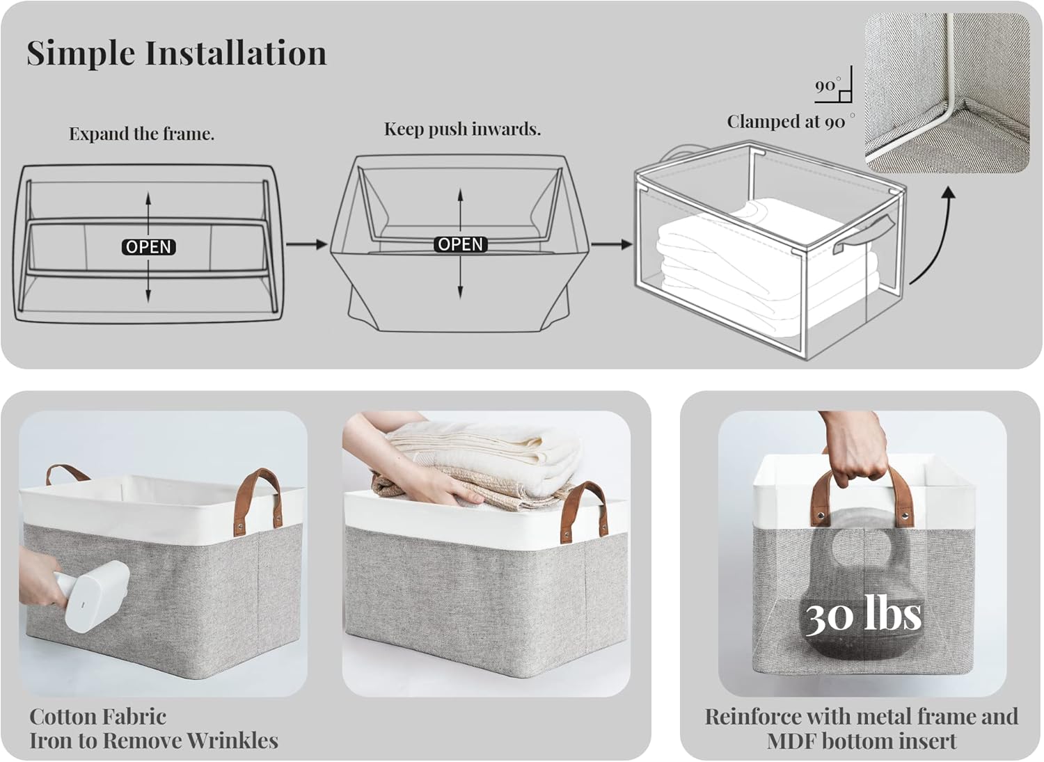 StorageWorks 45L Large Storage Bins for Closet and Shelves, Fabric Organizer Baskets with Metal Frame for Clothes, Towels, Collapsible Storage Basket, Gray and White, 2-Pack