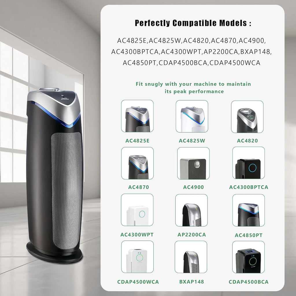 4 Packs FLT4825SM Smoke Clean True HEPA Filter B Compatible with AC4825 AC4825E AC4825W AC4300 AC4800 AC4900 AC4850 Air Cleaner Purifier with 8 Activated Carbon Pre-Filters