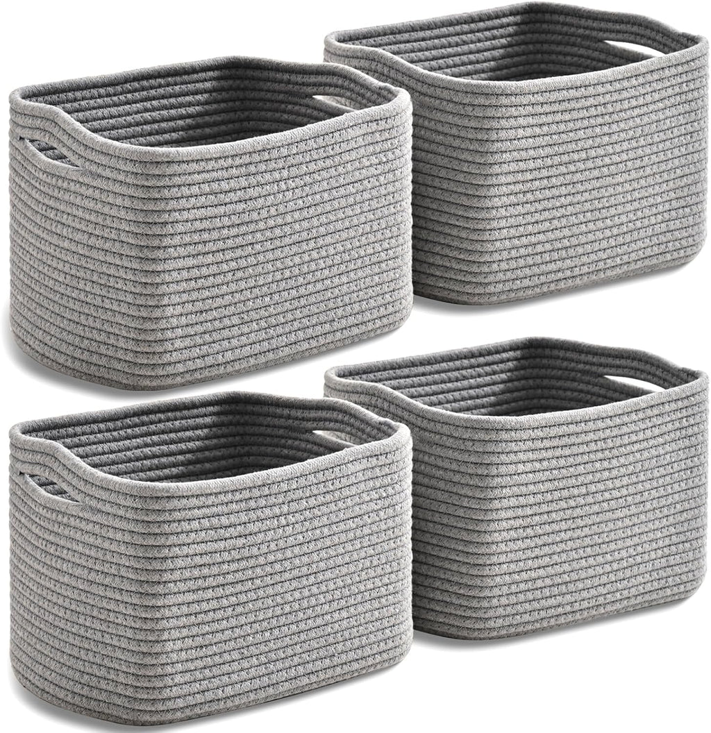 Small Storage Baskets for Organizing, Woven Storage Baskets for Shelves, Cotton Rope Basket for Storage, Cute Rectangular Book Toy Grey Basket, 12.7"×9.1"×7.9", 4 Packs, Grey