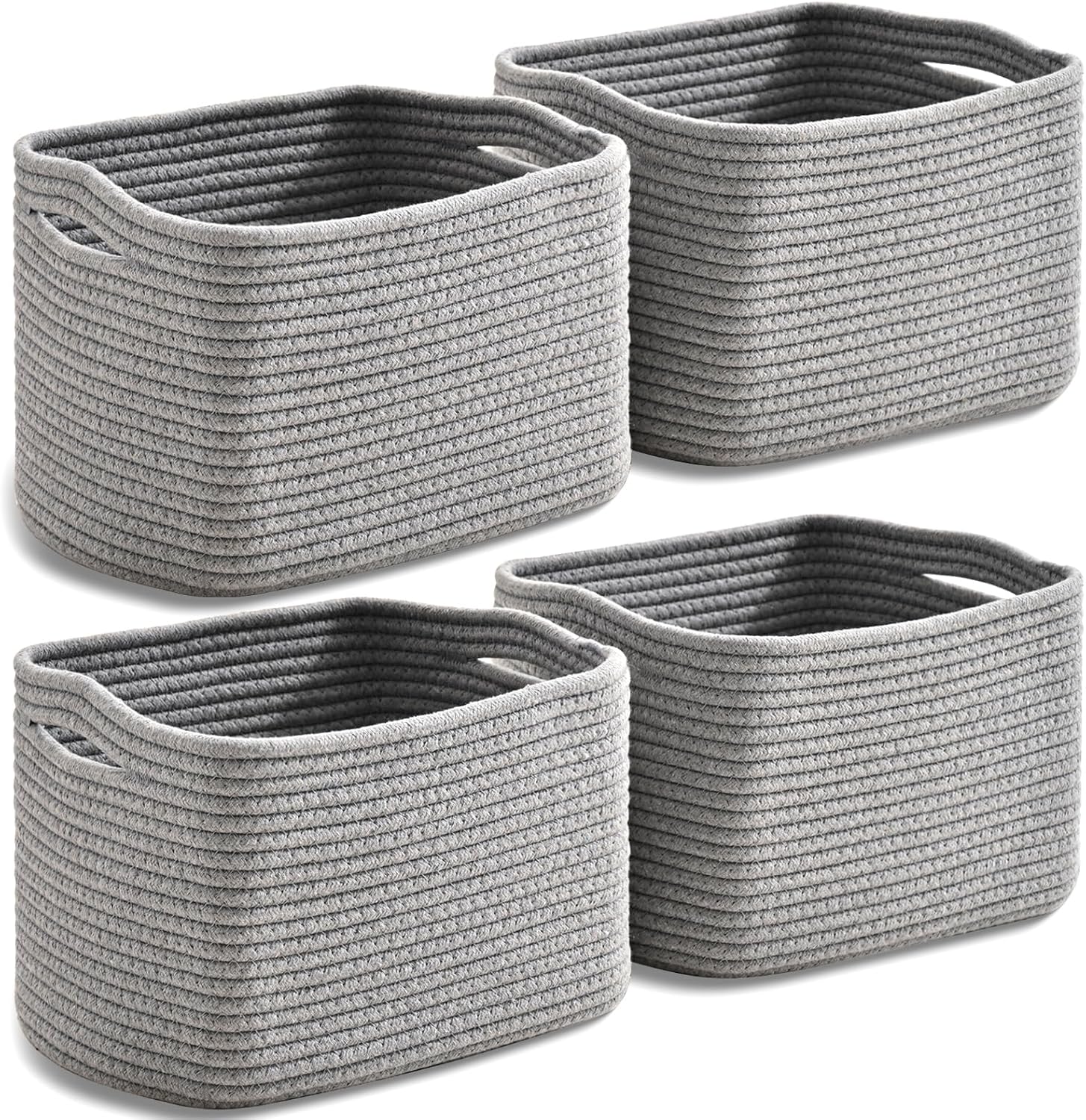 Small Storage Baskets for Organizing, Woven Storage Baskets for Shelves, Cotton Rope Basket for Storage, Cute Rectangular Book Toy Grey Basket, 12.7"×9.1"×7.9", 4 Packs, Grey