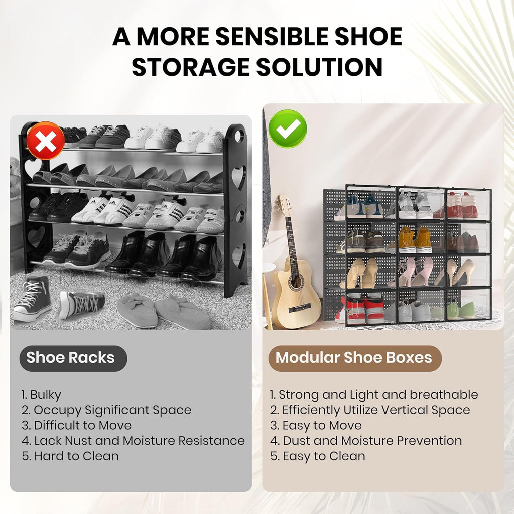 12 Pack XXX-Large Modular Clear Plastic Stackable Shoe Storage Organizer for Closet, Space Saving Versatile Sneaker Shoe Rack Containers Bins Holders, Portable Closet Organizers and Storage, Black