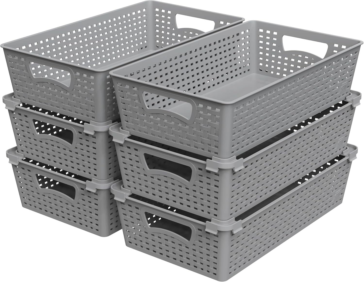 Simple Houseware Stackable Plastic Woven Basket Organizer, 6 Pack, 14.5" x 8.5" x 3.5", Gray