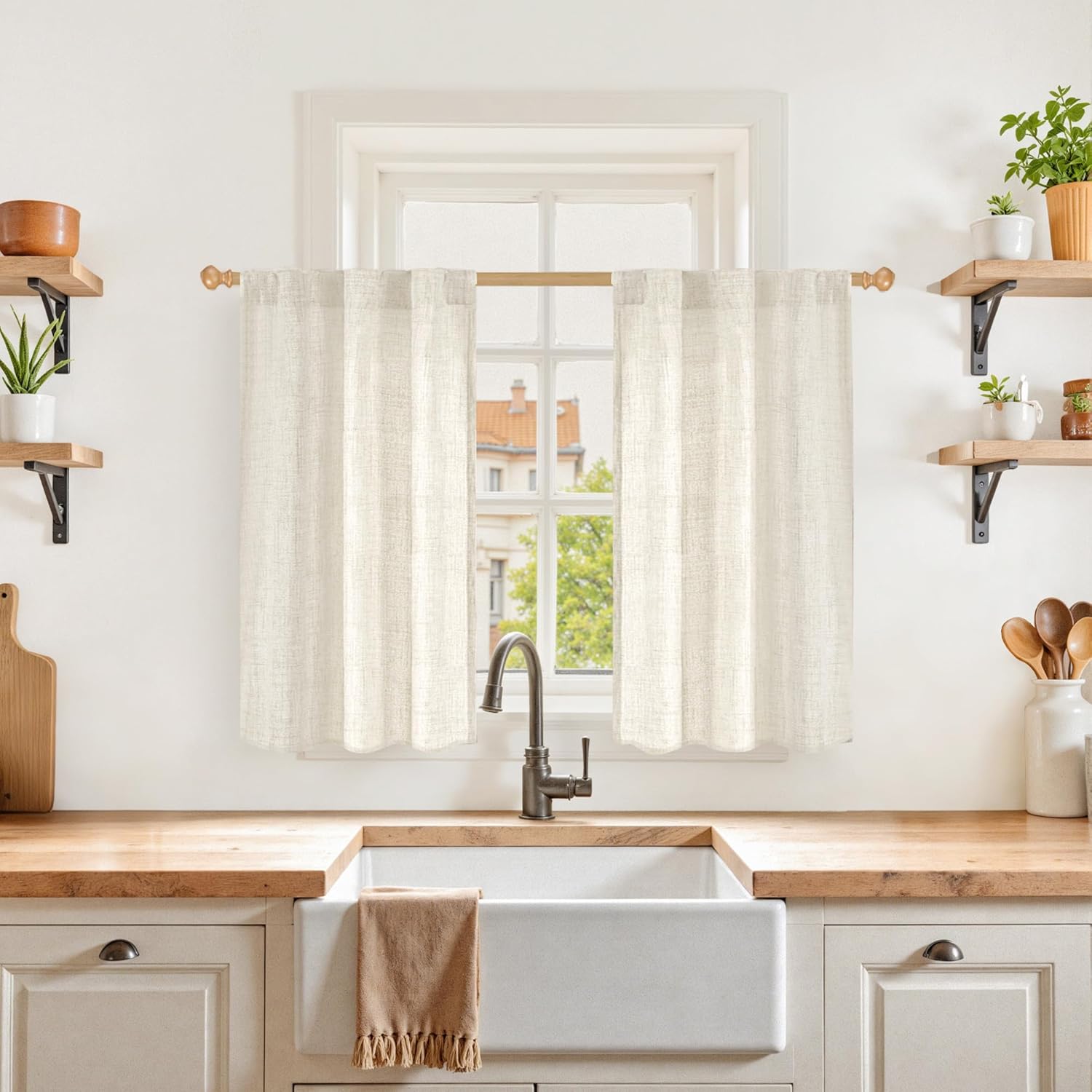 YoungsTex Boho Linen Curtains 36 Inch Length for Kitchen Cafe Window, Semi Sheer Half Window Drapes with Rod Pocket Back Tab Light Filtering Short Curtain for Bathroom, 2 Panels, 30 X 36 Inch