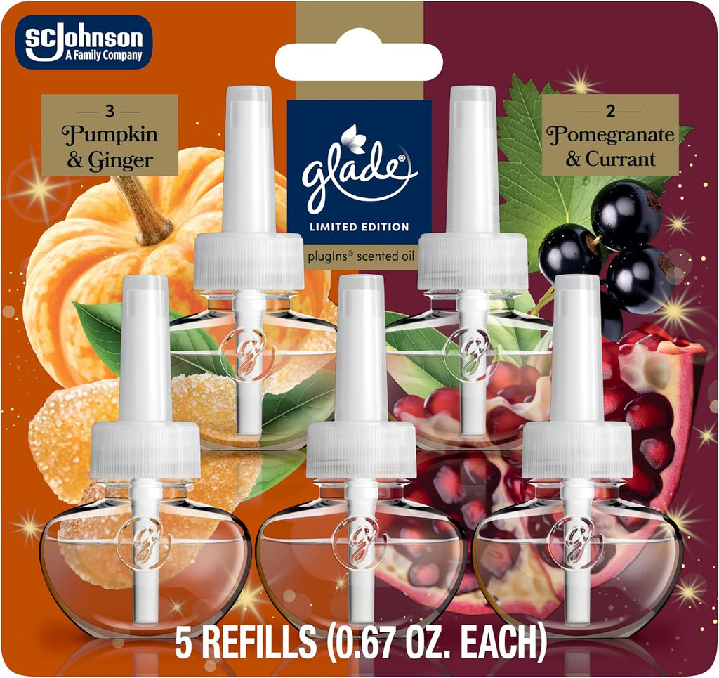 Glade PlugIns Refills Air Freshener, Pumpkin & Ginger and Pomegranate & Currant, Scented and Essential Oils for Home and Bathroom, 0.67 Fl Oz, 5 Count