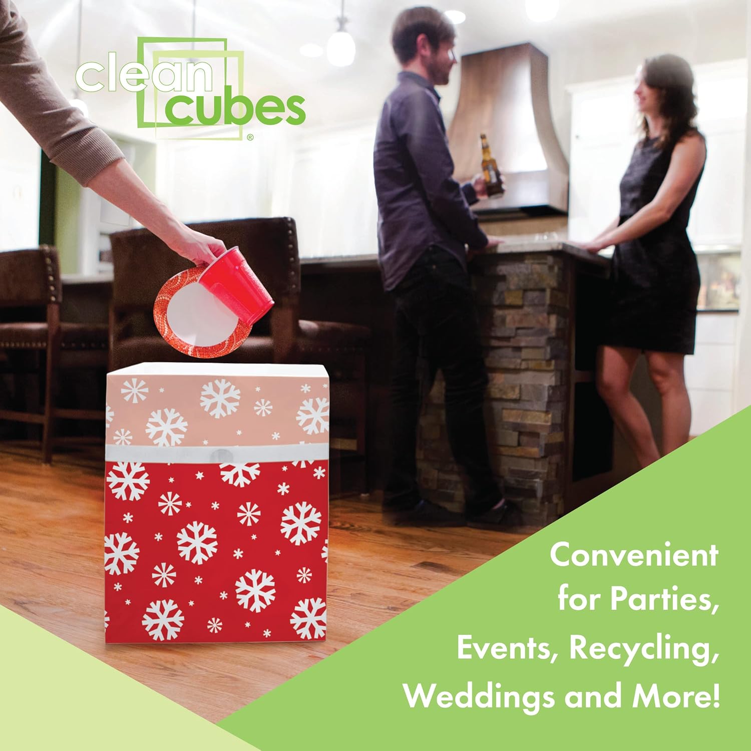 13 Gallon Disposable Pop-Up Trash Cans (3-Pack) with Fitted Bags – Foldable Garbage & Recycling Bins for Parties, Events & Kitchen (Snowflake, 17" H x 13.5" W x 10" D)