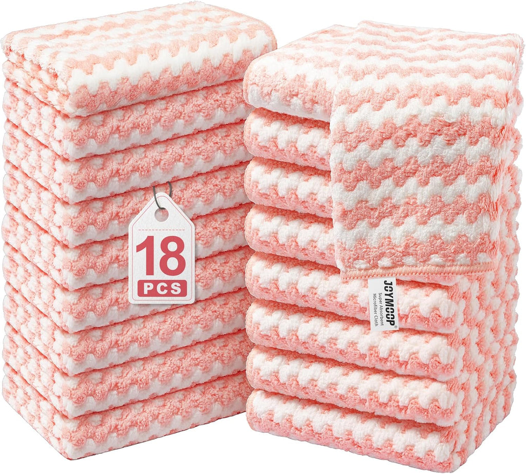 JOYMOOP Microfiber Cleaning Cloths – 18 Pack, 10" x 10", Pink – Reusable, Lint-Free, Super Absorbent Towels for Kitchen, Car, and Household Cleaning