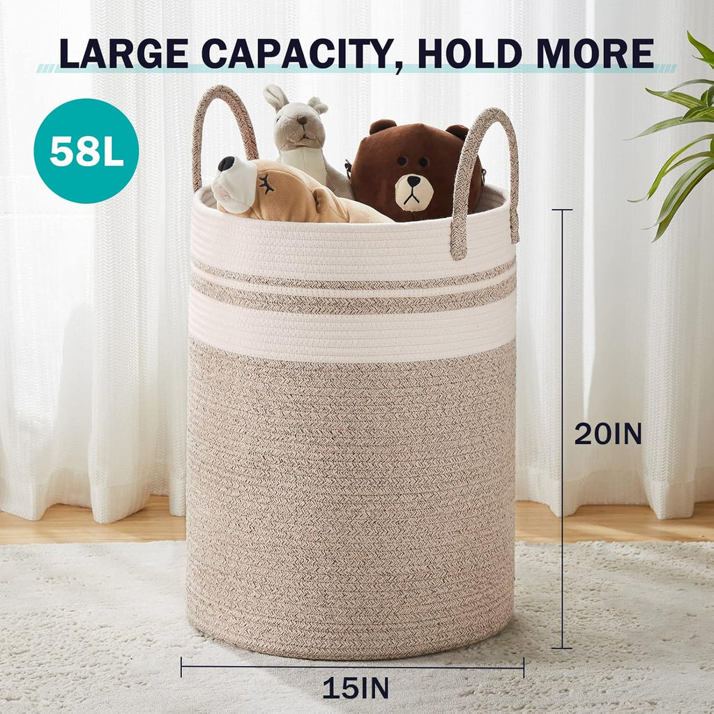 YOUDENOVA Woven Rope Laundry Hamper Basket, 58L Tall Laundry Basket for Blanket Organizer- Clothes Hamper for Bedroom Storage, Baby Kids Nursery Hamper-Large-Brown