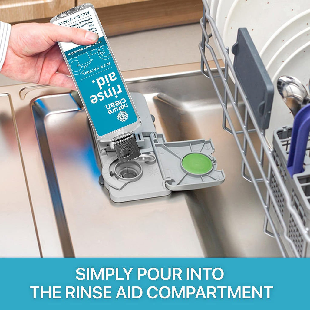 Nature Clean All Natural Dishwasher Rinse Aid Cleaner, Liquid Dishwasher Rinse Agent for Spot-Free Glass & Cutlery in Hard Water, Non Toxic Dish Washer Rinse Aid & Stain Remover, 8 oz/250ml, Pack of 1