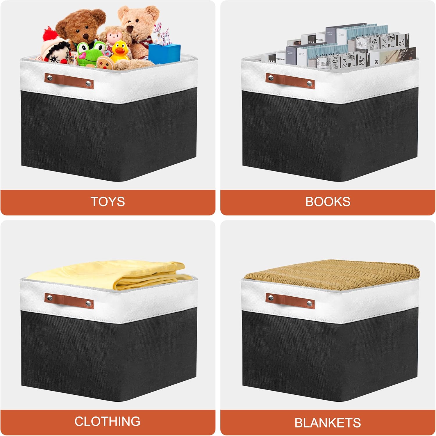 13in Open Fabric Storage Basket with Leather Handles for Organizing, Collapsible Linen Closet Bins for Shelves, Closets, Laundry, Decorative Basket for Gifts. (White＆Black, 2PCS/13x13in)