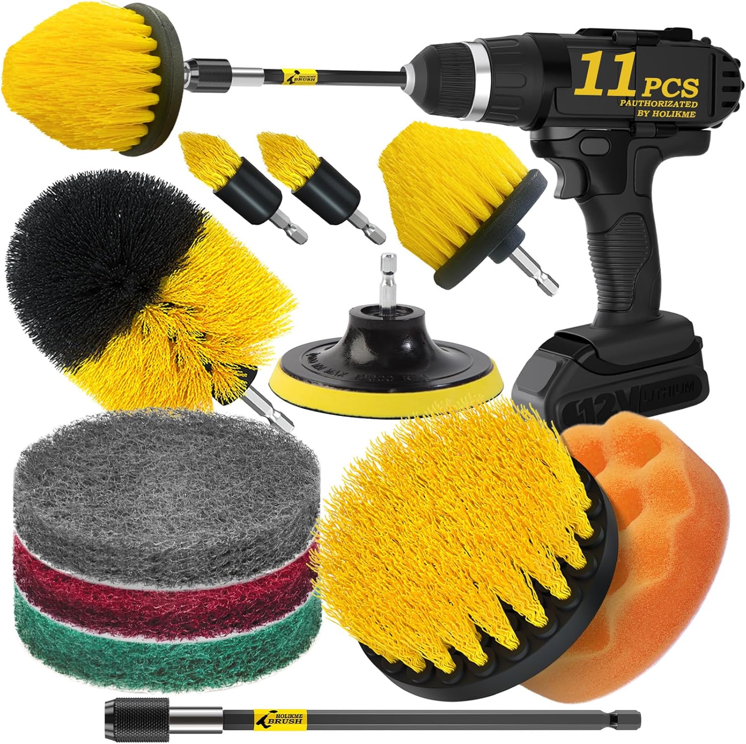 Holikme 11 Piece Drill Brush Attachment Set Scouring Pads Power Scrubber Brush Scrub Pads for Bathroom Surfaces, Floor, Tub, Shower, Grout, Tile, Corners,Cleaning Brush