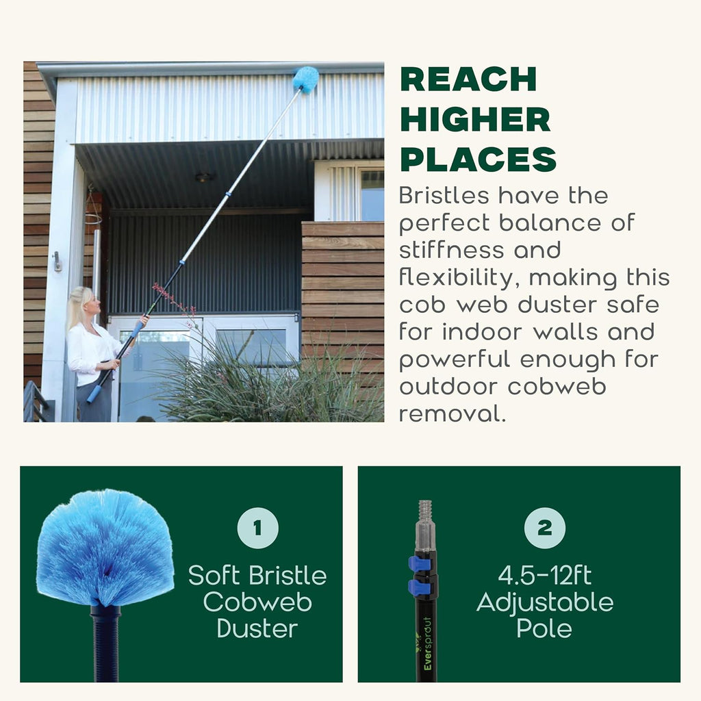 EVERSPROUT 5-to-12 Foot Cobweb Duster and Extension-Pole Combo (20 Foot Reach, Soft Bristles) | Hand Packaged | Lightweight, 3-Stage Aluminum Pole | Indoor & Outdoor Use Brush Attachment