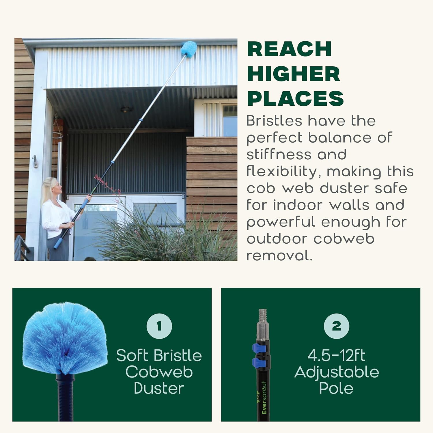 EVERSPROUT 1.5-to-3 Foot Cobweb Duster and Extension-Pole Combo (8-10 Ft Standing Reach, Soft Bristles) | Hand Packaged | Lightweight, 3-Stage Aluminum Pole | Indoor & Outdoor Use Brush Attachment