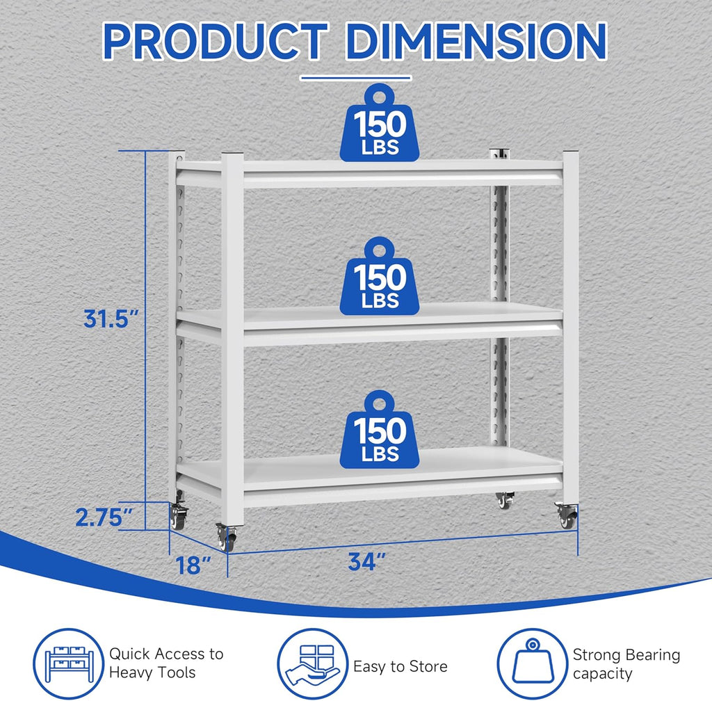 34''W Garage Heavy Duty 3-Tier Adjustable Storage Rack, Steel Shelving with Wheels,Pantry,Kitchen, Office, Closet and Garage Shelves, Easy to Assemble- White