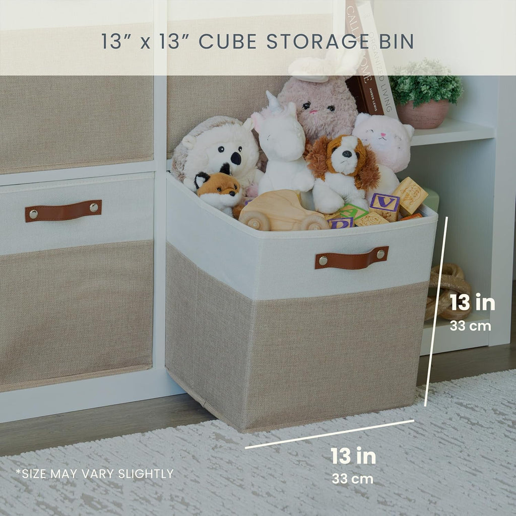 OrganiHaus 13x13 Cube Fabric Storage Bins Set of 4, Fabric Storage Cubes w/ Vegan Handles, 13 inch Collapsible Bins for Clothes & Toy Organizer, Cubbies Organizer, 13x13 Basket for Decor - Beige/White
