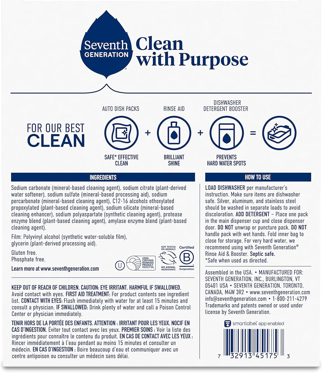 Seventh Generation Dishwasher Detergent Packs Free & Clear Pack of 5 for sparkling dishes Dishwasher tabs 45 count