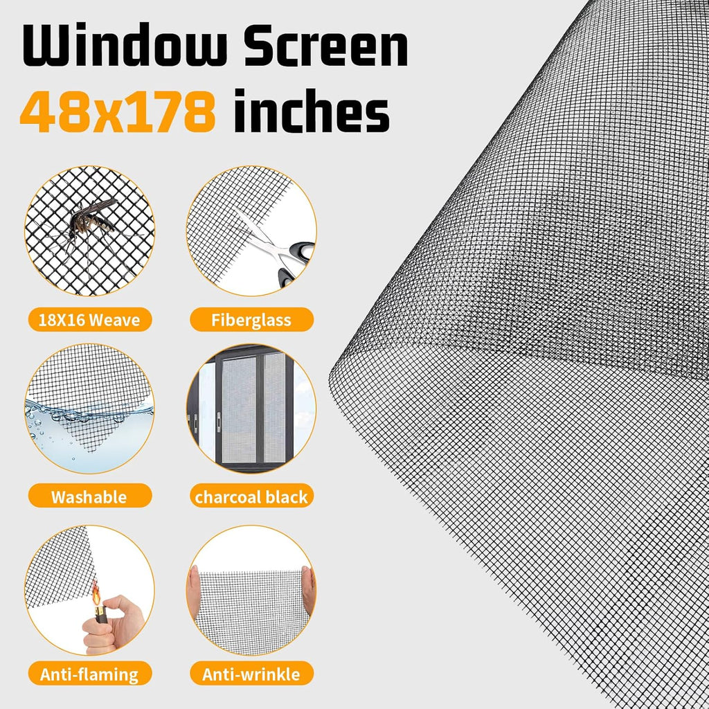 Window Screen Replacement,Screen Door Repair Kit, 48"x178" Black Window Screen Mesh,Including 50 FT Splines+Hooks+2 Rollers+8 Clips+Scissors+Knife+Tape Measure,Fully Equipped Window Screen Repair Kit