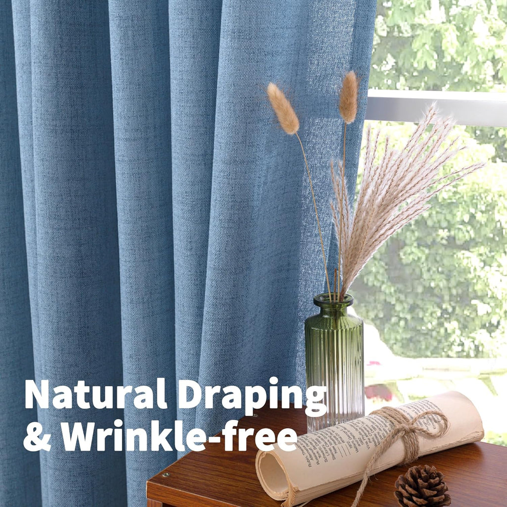 YoungsTex Denim Blue Linen Curtains 48 Inch Length for Short Kitchen Window, Semi Sheer Drapes Light Filtering with Rod Pocket Back Tab for Bathroom Living Room, 2 Panels, 42 X 48 Inch