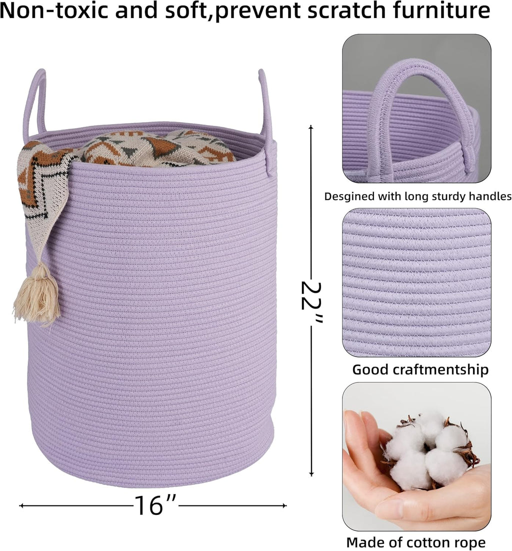 Cotton Rope Laundry Basket Hamper for Clothes Woven Storage Basket for Living Room Bedroom Boho Tall Rope Baskets for Blanket Toys Pillow Towels Baby Nursery Hamper Bin Large purple