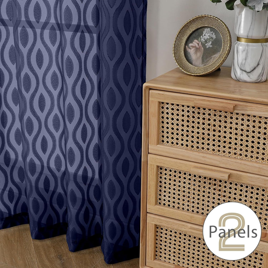 Aiyufeng Navy Blue Curtains - 84 Inch Length (2 Panels), Airy Lightweight Clip Jacquard Light Filtering Bedroom/Living Room Curtains - 80 Inch Width, Wavy Line Rod Pocket, Modern Style