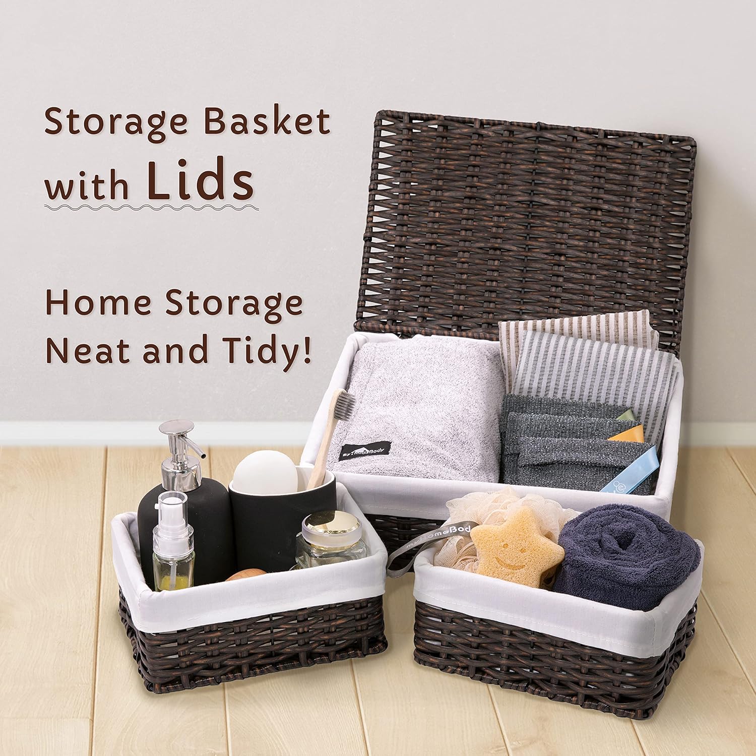 Baskets for Organizing, Undershelf Wicker Storage, Hand Woven Organizer for Closet Organization, Rectangular Resin with Lid, Set of 3, Walnut Brown