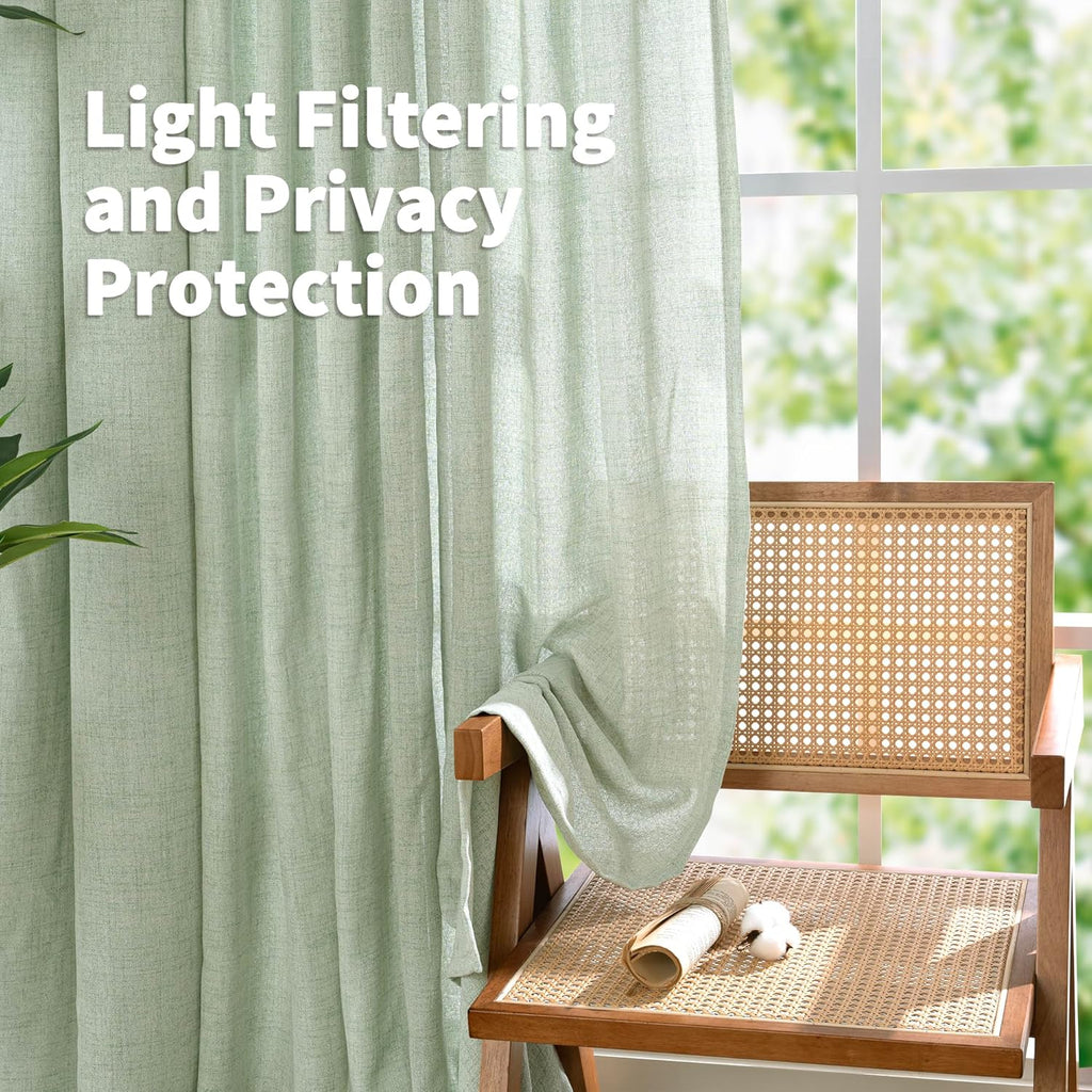 YoungsTex Sage Green Linen Curtains 90 Inch Length Living Room, Textured Semi Sheer Drapes Light Filtering with Pinch Pleated Window Treatments for Bedroom Dining Room, 2 Panels, 40 X 90 Inch