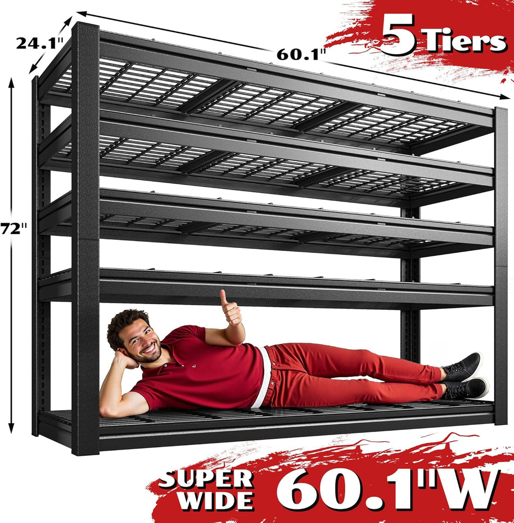 60.1" W Garage Shelving 3125LBS Metal Shelving Extra Wide Storage Shelves Adjustable 5 Tier Garage Shelves Industrial Metal Shelf for Basement Warehouse Shop 60.1" W x 24.1" D x 72" H