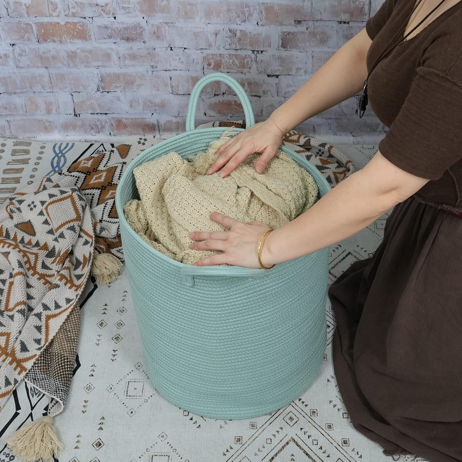 Cotton Rope Laundry Basket Hamper for Clothes Woven Storage Basket for Living Room Bedroom Boho Tall Rope Baskets for Blanket Toys Pillow Towels Baby Nursery Hamper Bin Large light green