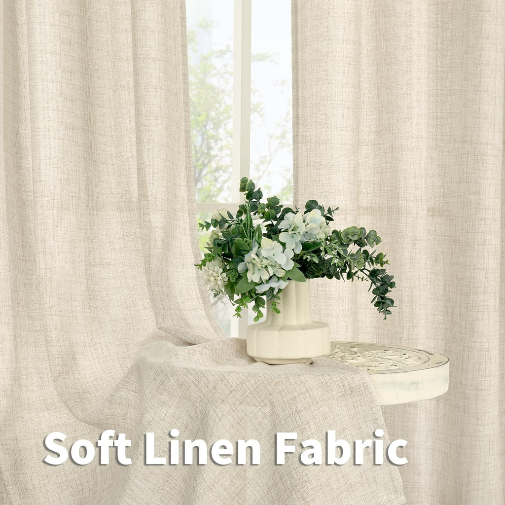 YoungsTex Extre Long Linen Curtains 102 Inch Length for Living Room, Semi Sheer Window Drapes with Rod Pocket Back Tab Light Filtering for Farmhouse Bedroom, 2 Panels, 52 X 102 Inch