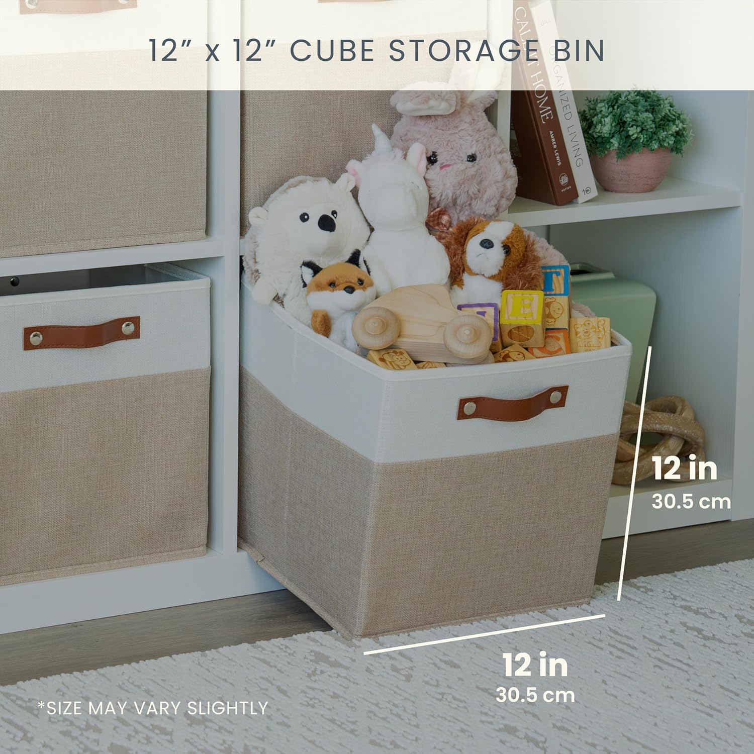 OrganiHaus 12x12 Fabric Storage Bins - Set of 4, Cube Fabric Organizer Bins with Vegan Handles, Kallax Storage Cubes, Cubbies Organizer Boxes, 12Inch Cubic Baskets for Shelves - Beige/White