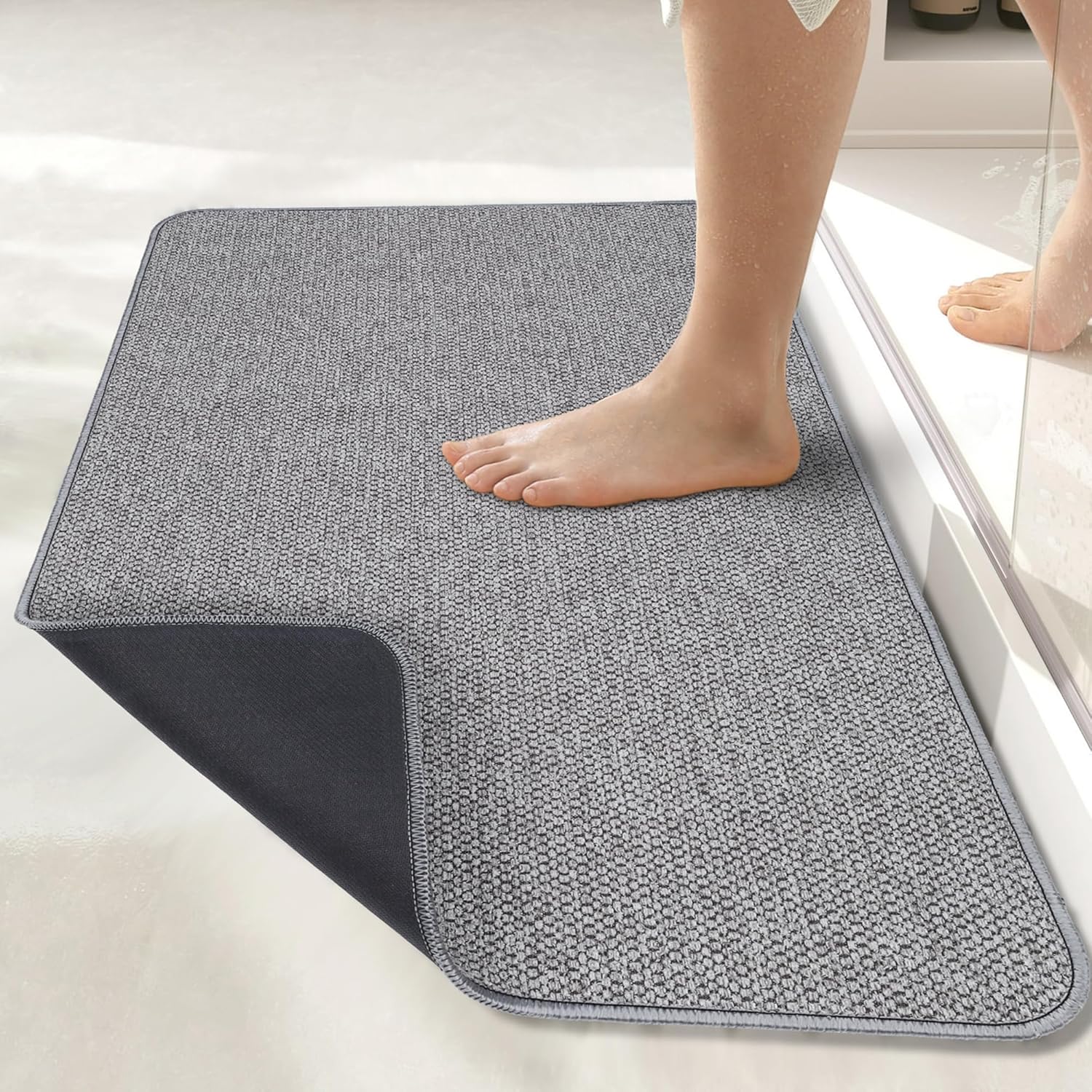 Bath Mat,Ultra Thin Bathroom Rugs,Rubber Bath Mats for Bathroom,No Slip Bath Rugs,Quick Dry,Machine Washable,Low Pile,Absorbent,Shower Outside,Sink,Home Decor Accessories.Grey,1'5"x2'3"(2 Pack)