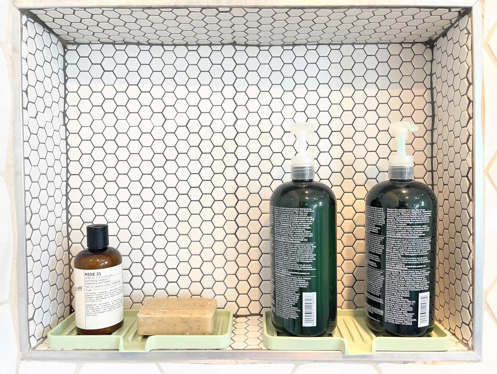 Happitasa Silicone Soap Dish Tray and Sponge Holder with Drain Chute | Bathroom and Kitchen Sink Organizer Caddy (White, 9"x3.5", 5.6 Ounces)