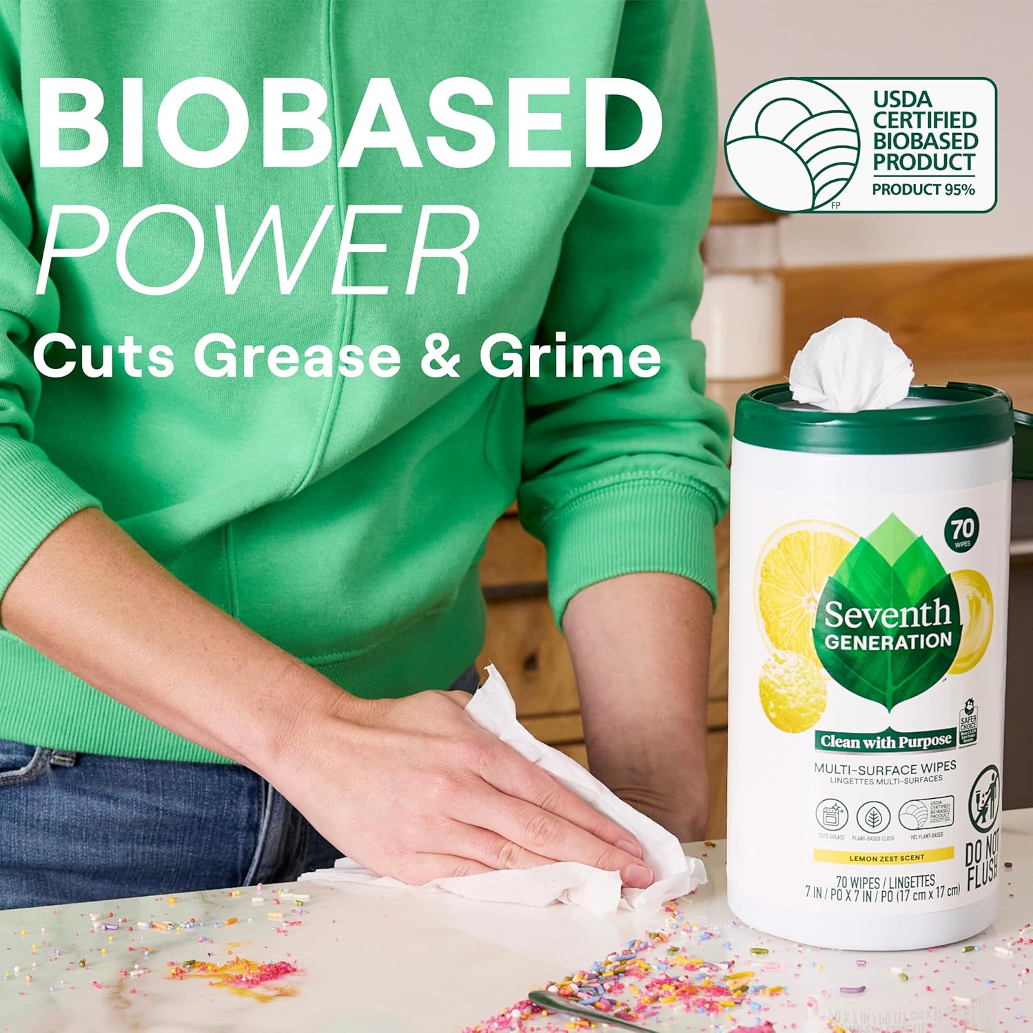 Seventh Generation Multi Surface Wipes All Purpose Cleaning Lemon Zest scent with 100% Essential Oils and Botanical Ingredients 70 count, Pack of 6