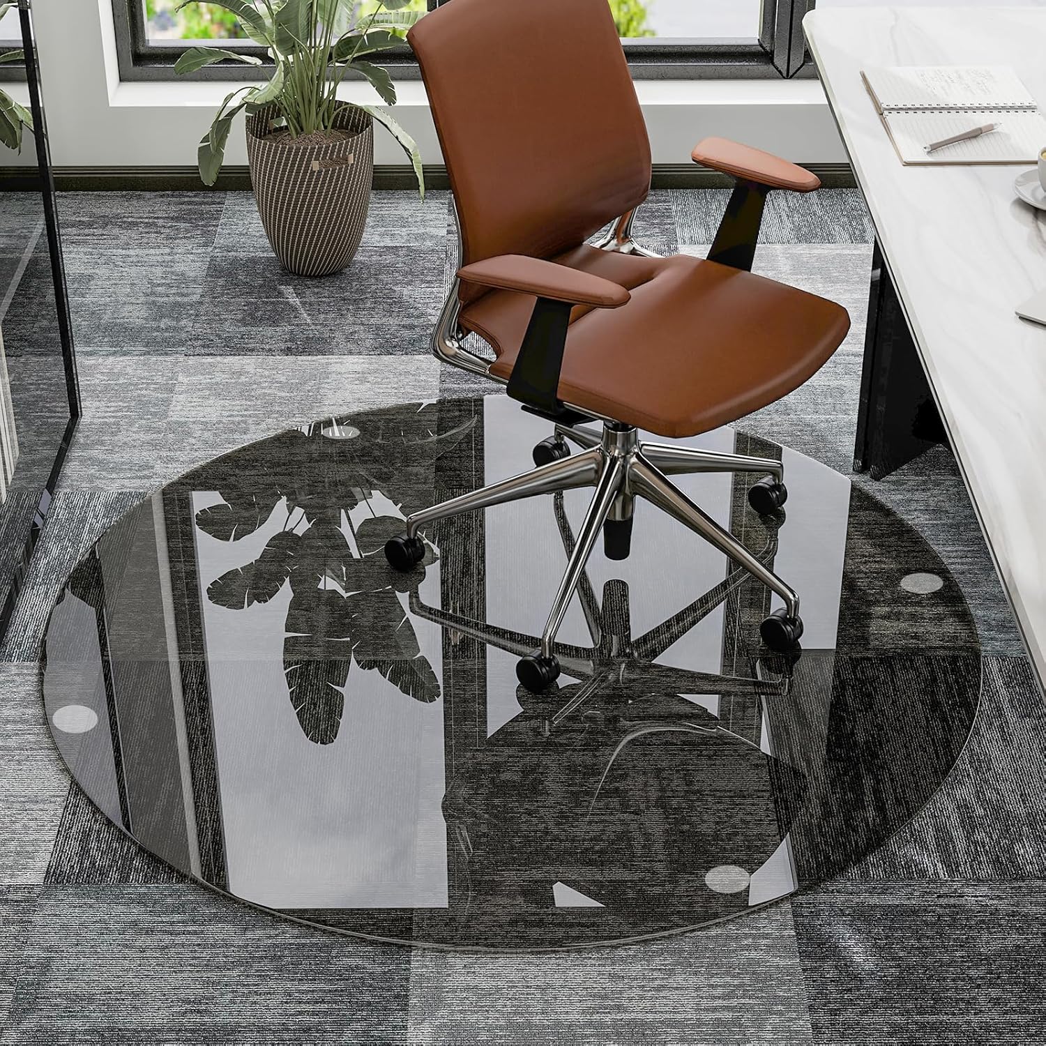 46" x 46" Round Tempered Glass Chair Mat for Carpet & Hardwood, Heavy-Duty Glass Floor Mat for Office Chair, Durable Glass Desk Mat for Home and Office, Gray