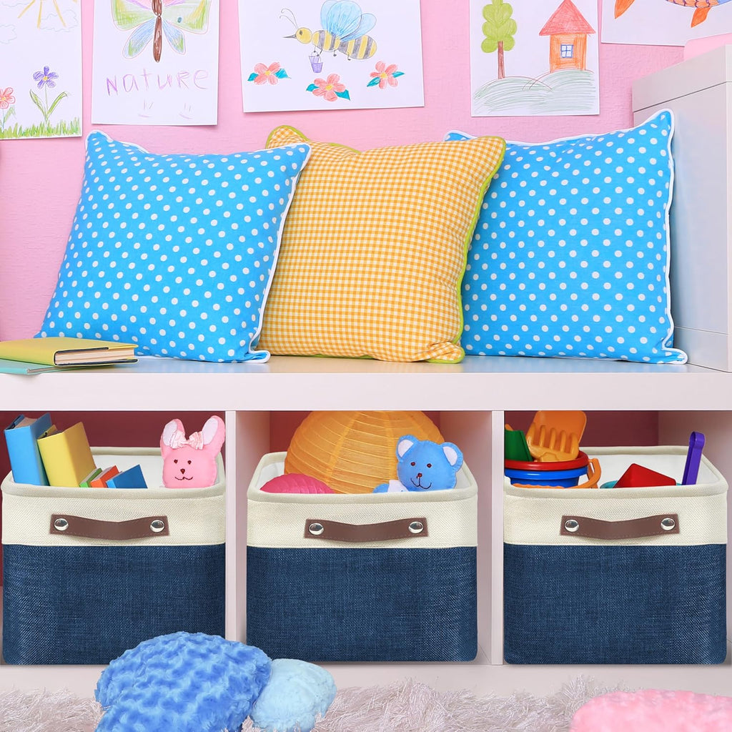 SIMPLE HOUSEWARE Large Fabric Storage Bin, 15" x 11" with Leather Like Handles, 3 Pack, Steel Blue