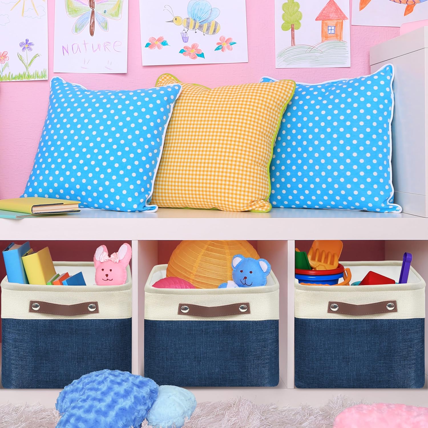 SIMPLE HOUSEWARE Large Fabric Storage Bin, 15" x 11" with Leather Like Handles, 3 Pack, Steel Blue